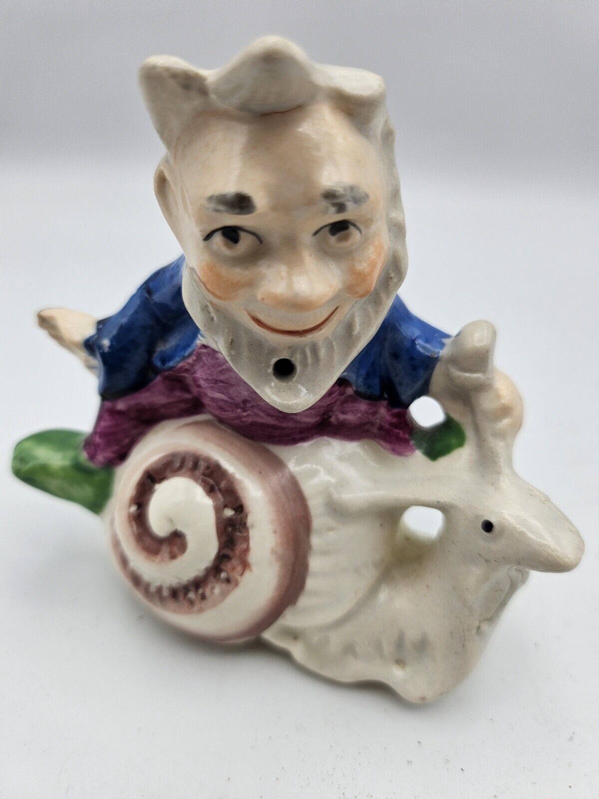 Rare Vtg Goebel Style Figurine Elf Dwarf Riding a Snail Crown Salt Pepper Shaker