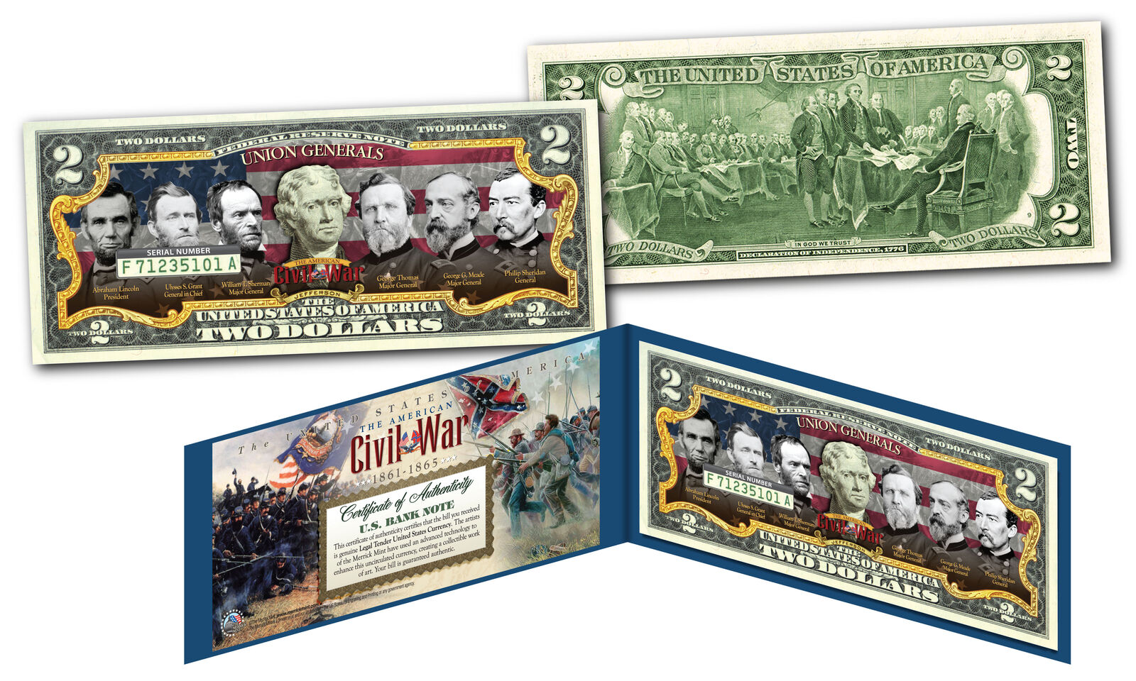 UNION GENERALS of the American Civil War Genuine Legal Tender U.S. $2 Bill GRANT