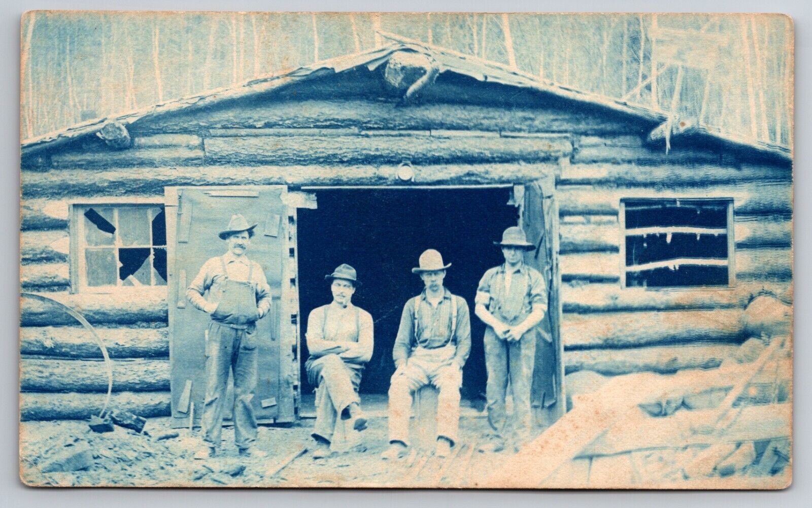 Log Cabin in Woods Near Eagle Bend Minnesota? Cyanotype c1905 Real Photo RPPC
