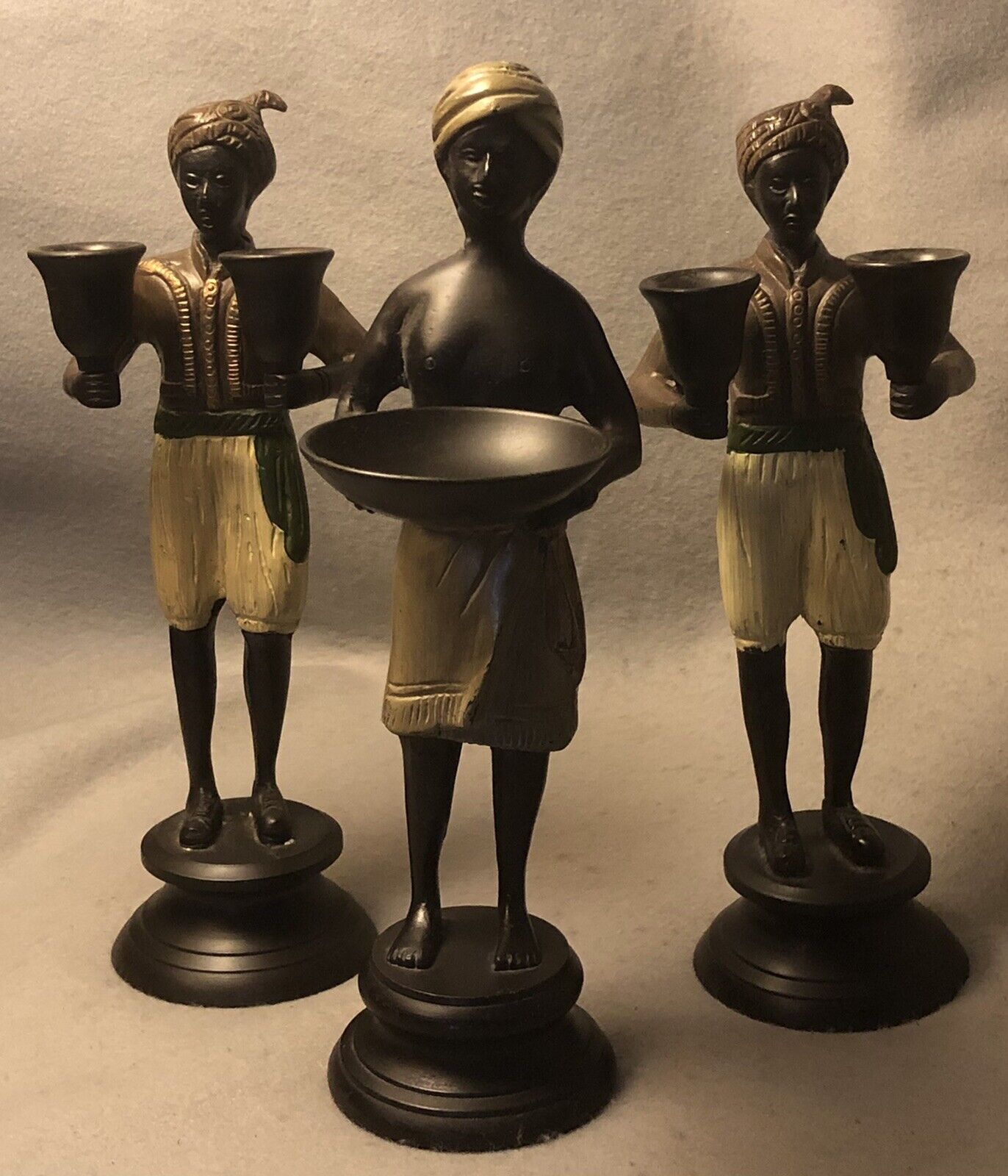 Antique Solid Brass Painted Nigerian/Indian Servant Boy Candle & Incense Holders