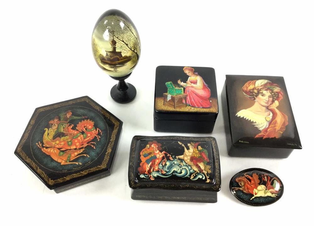 6 Piece Lot of Vtg.  Ukrainian Hand Painted Black Lacquer Boxes, Egg and Brooch