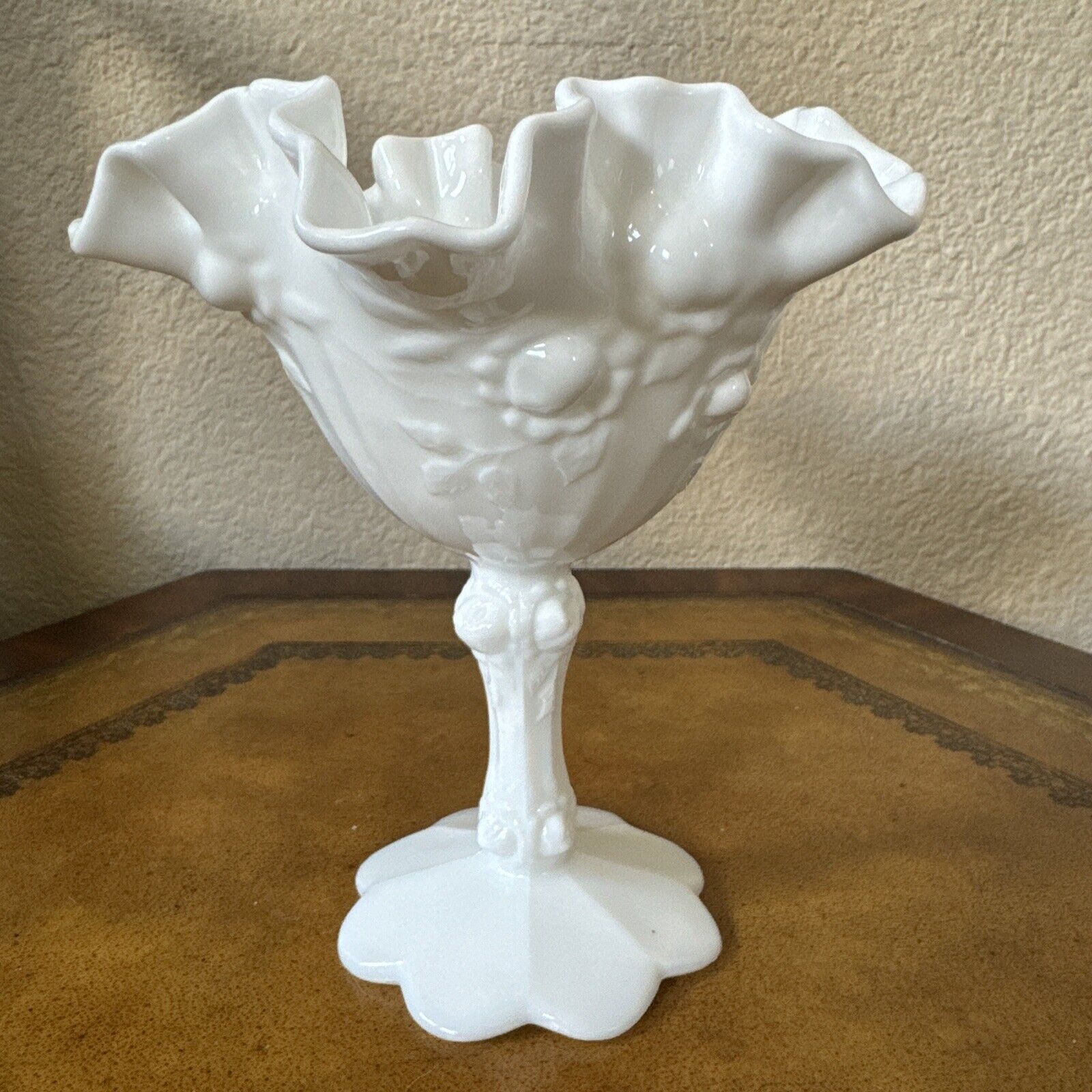 Vintage Fenton Cabbage Rose White Milk Glass Compote Candy Dish Ruffled Rim 6.5\