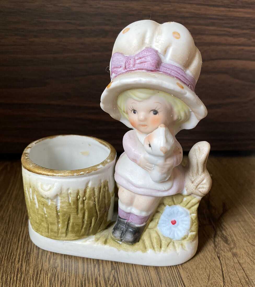 Vintage Jasco Porcelain Bonnet Girl Figurine Holding Cat Candle Holder Kitsch