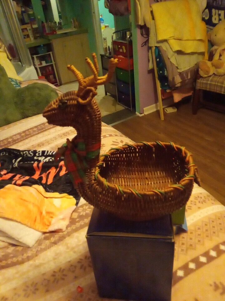 Deer Basket Vintage Wicker Reindeer Rattan Animal Planter Weave Woven 9” by 9”