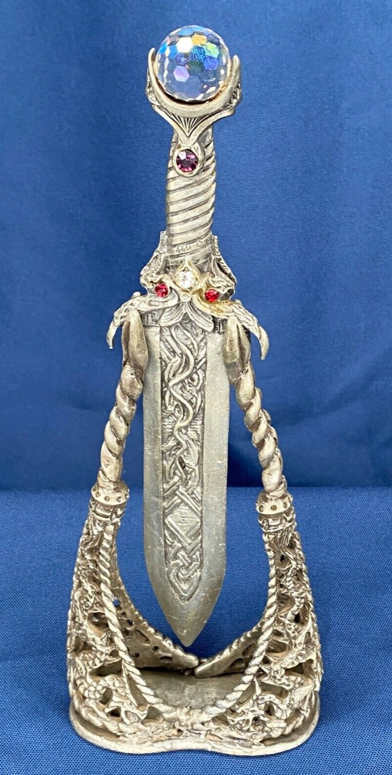 Denicolo Sunglo Designs Sword & Display Pewter Figure, Swarovski Crystals 1994