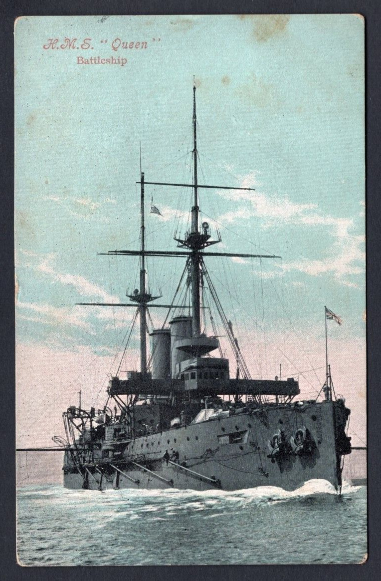 GB Royal Navy 1905 Battleship HMS QUEEN. Old Postcard. Mailed Tocumwal Australia