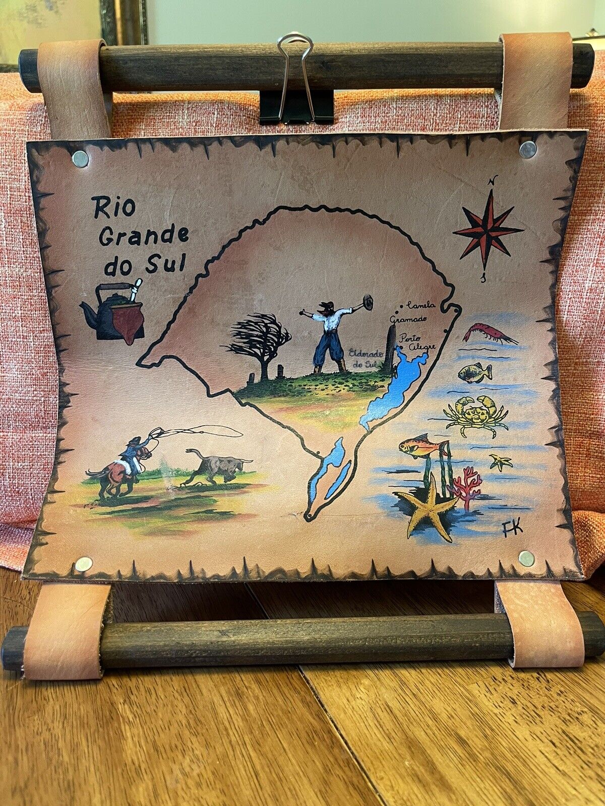 Hand painted Rio Grande do Sul Leather Map Brazil-signed FK