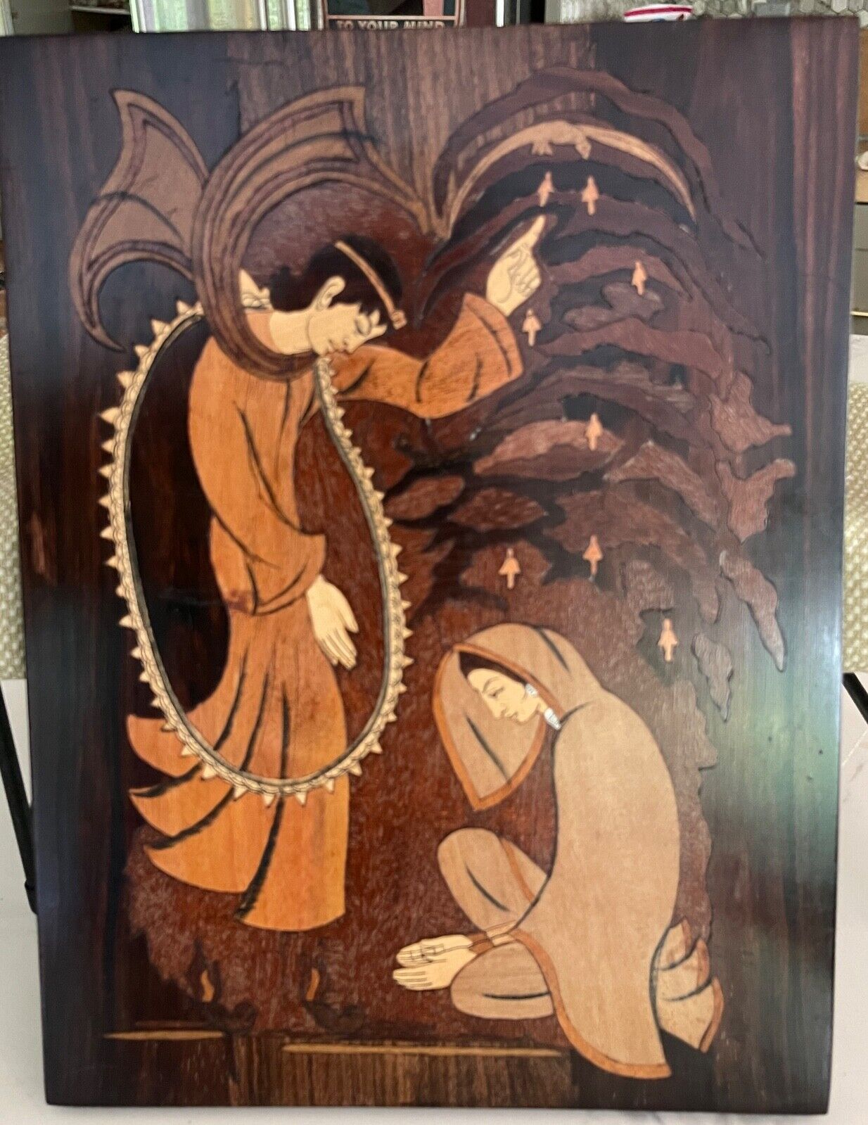 Vintage Marquetry wood Inlay Picture Indian Woman Man Spiritual: 9\