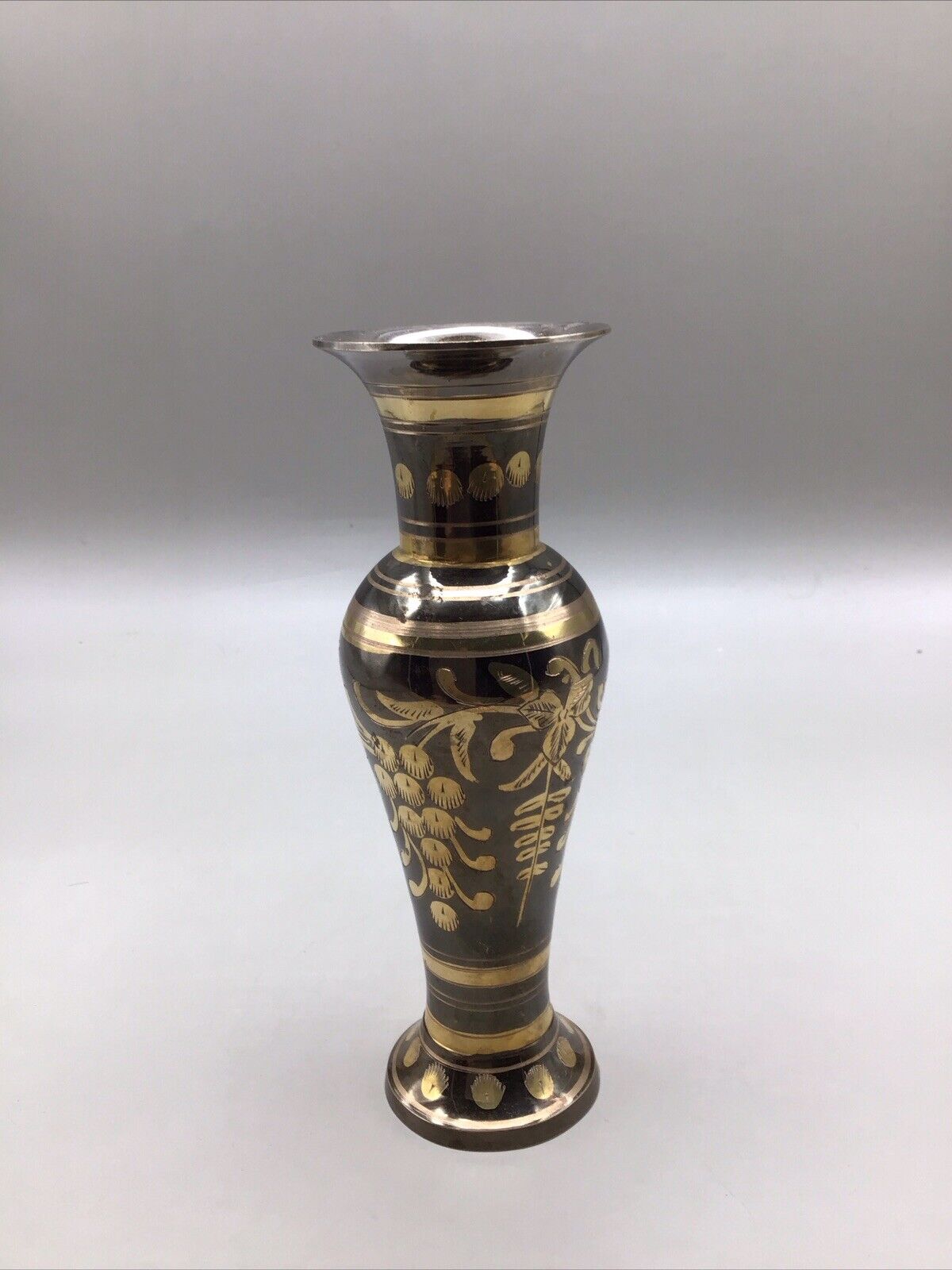 Black & Brass Vintage Etched Floral Design Vase 5.75” tall Made in India