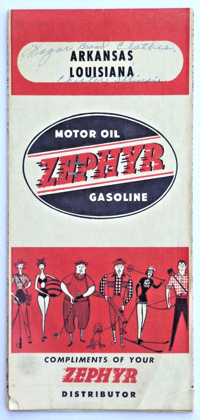 Vintage 1962 ZEPHYR Motor Oil Gasoline Arkansas Louisiana Travel Road Map