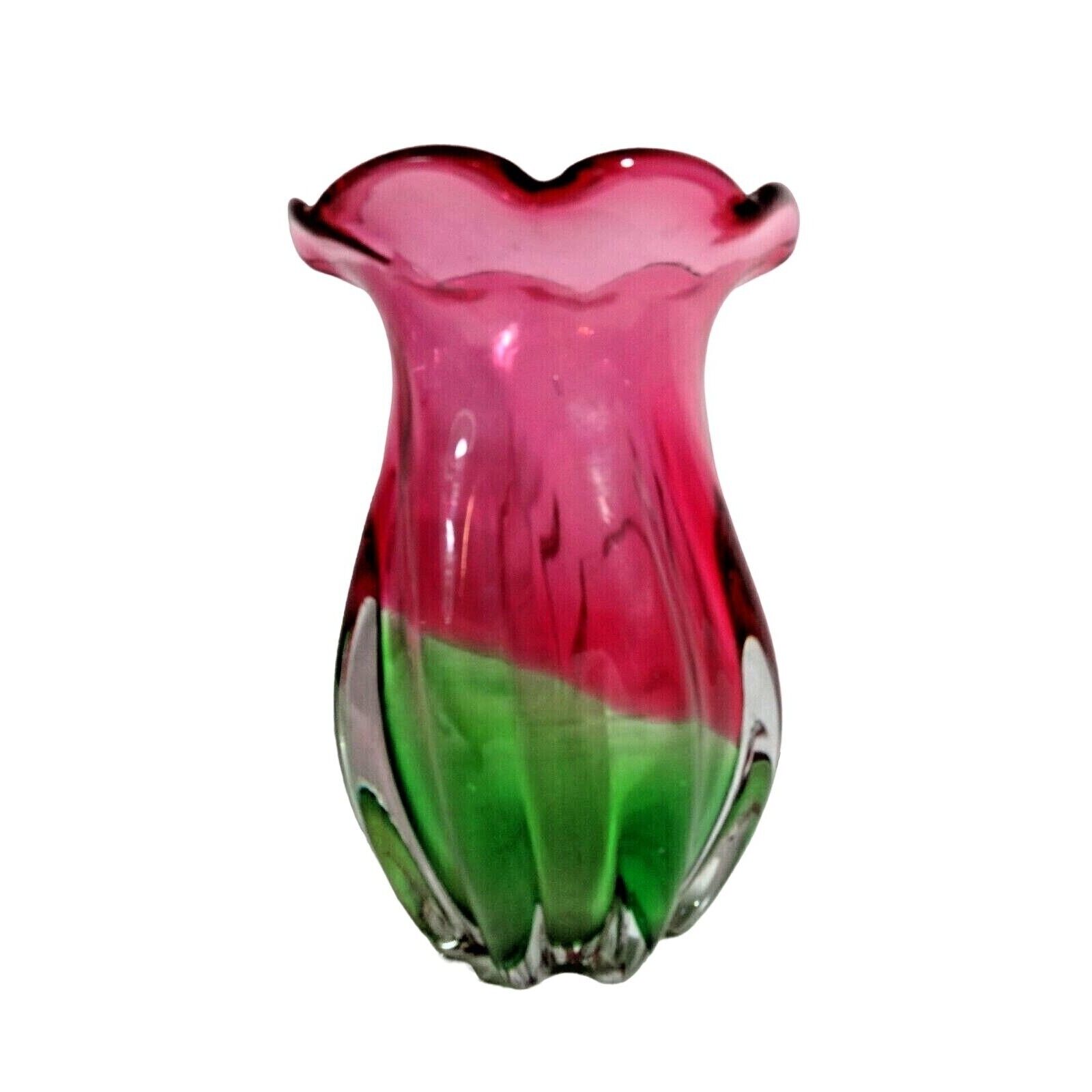 Teleflora Vase Trumpet Floral Glass Watermelon Green Cranberry Pink Swirl 7 inch