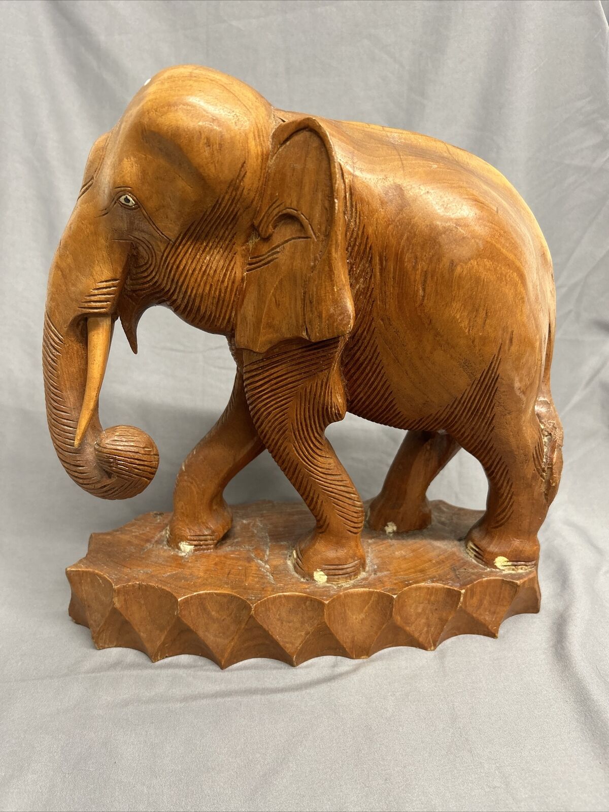 Wooden Elephant Statue 12” Hand Carved SOLID Wood Made In Thailand Animal Thai