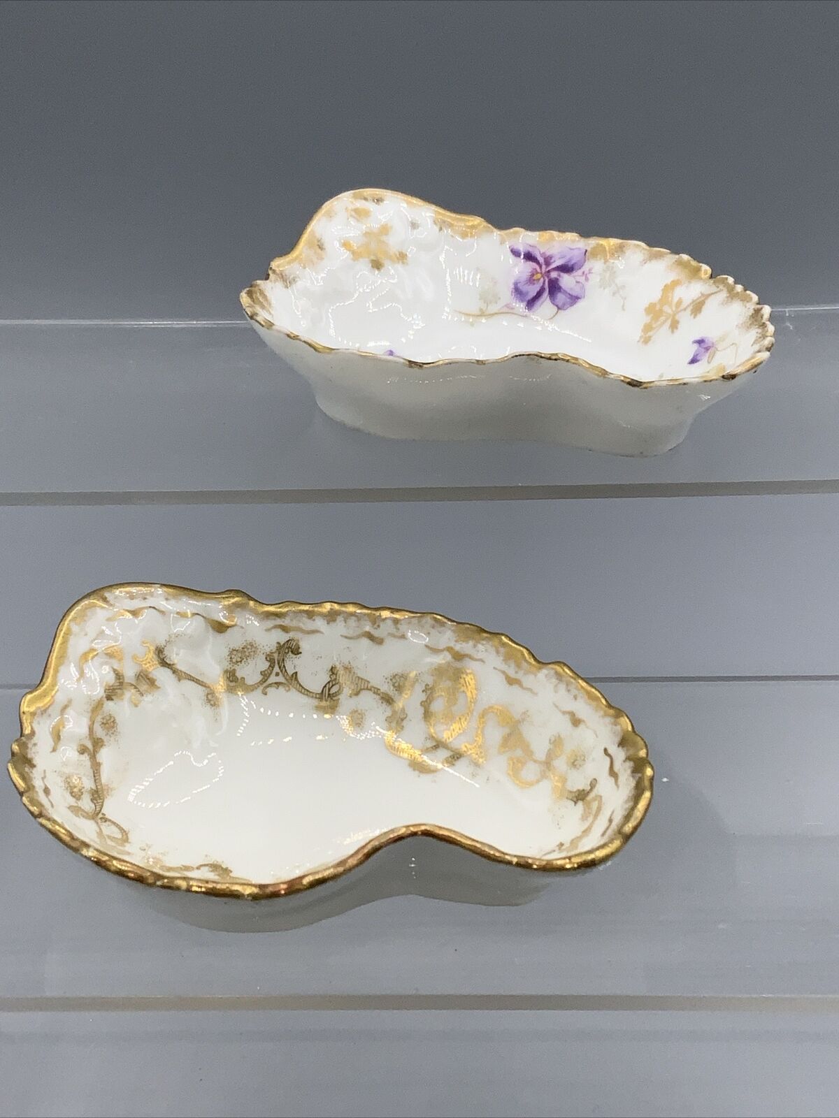 Antique Limoges Porcelain Shell Shaped Salt Cellars Gilt Accents Lot Of 2