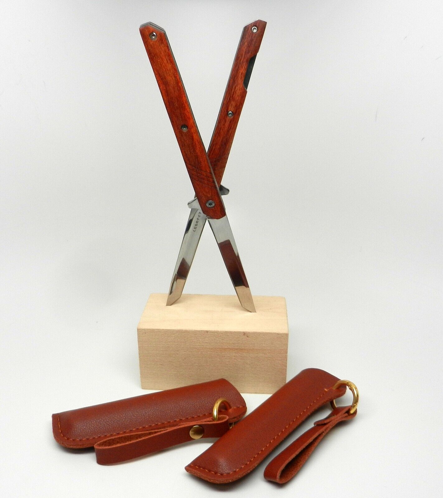 Two Slim finger assisted folding pocket knife 3.5 Tanto blade wood grain handle