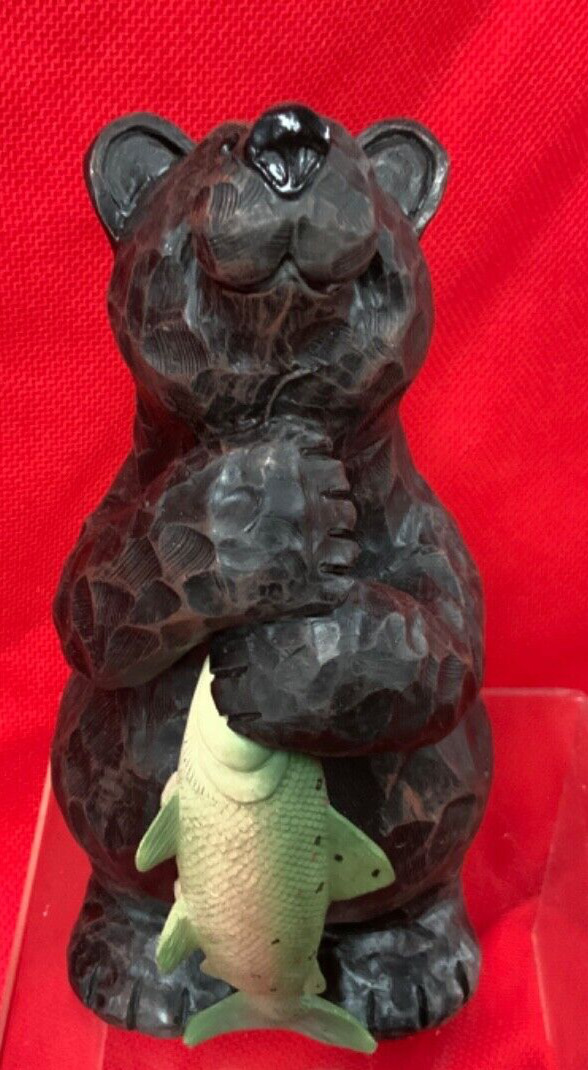 Black Bear with Fish Resin Figurine 8.25”