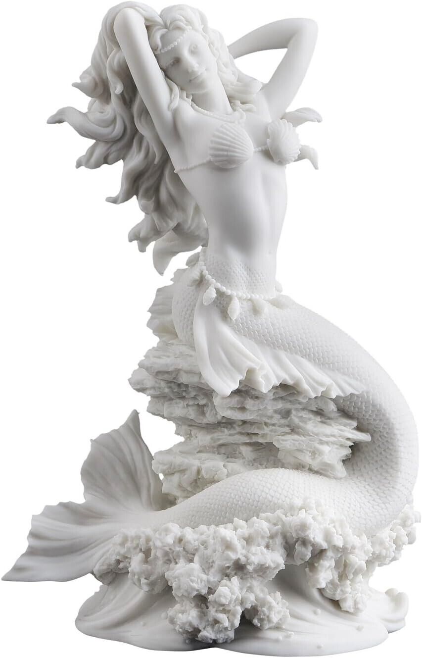 Large Beautiful Mermaid on Rock - White Statue Sculpture Figurine