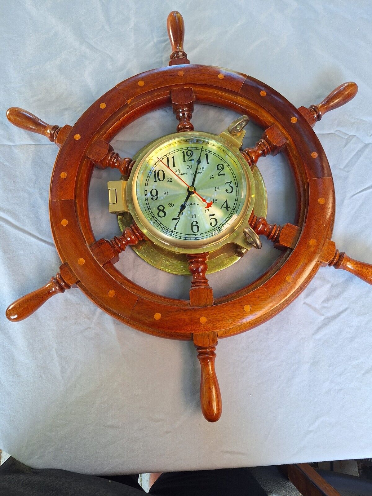 Vintage Wooden Ships Wheel Quartz Wall Clock Nautical