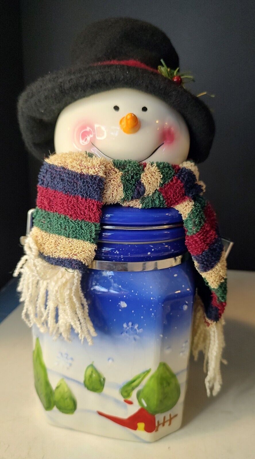 Snowman Ceramic Cookie Jar Winter Scenes Cloth Hat and Scarf Holiday Christmas 