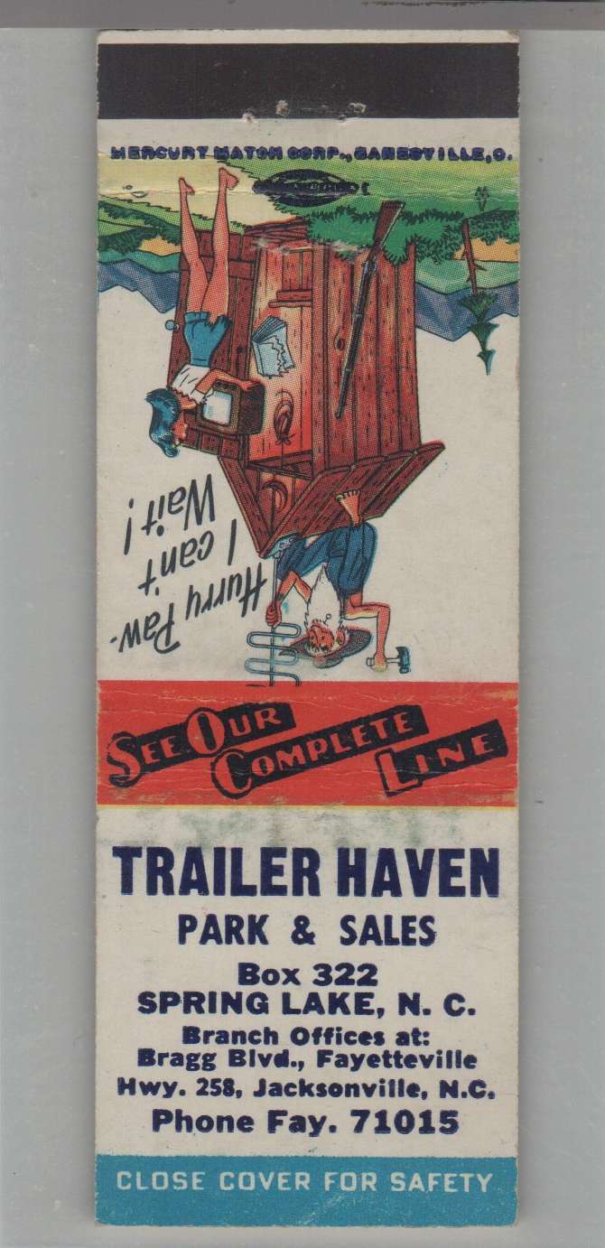 Matchbook Cover - Outhouse - Trailer Haven Park & Sales Spring Lake, NC
