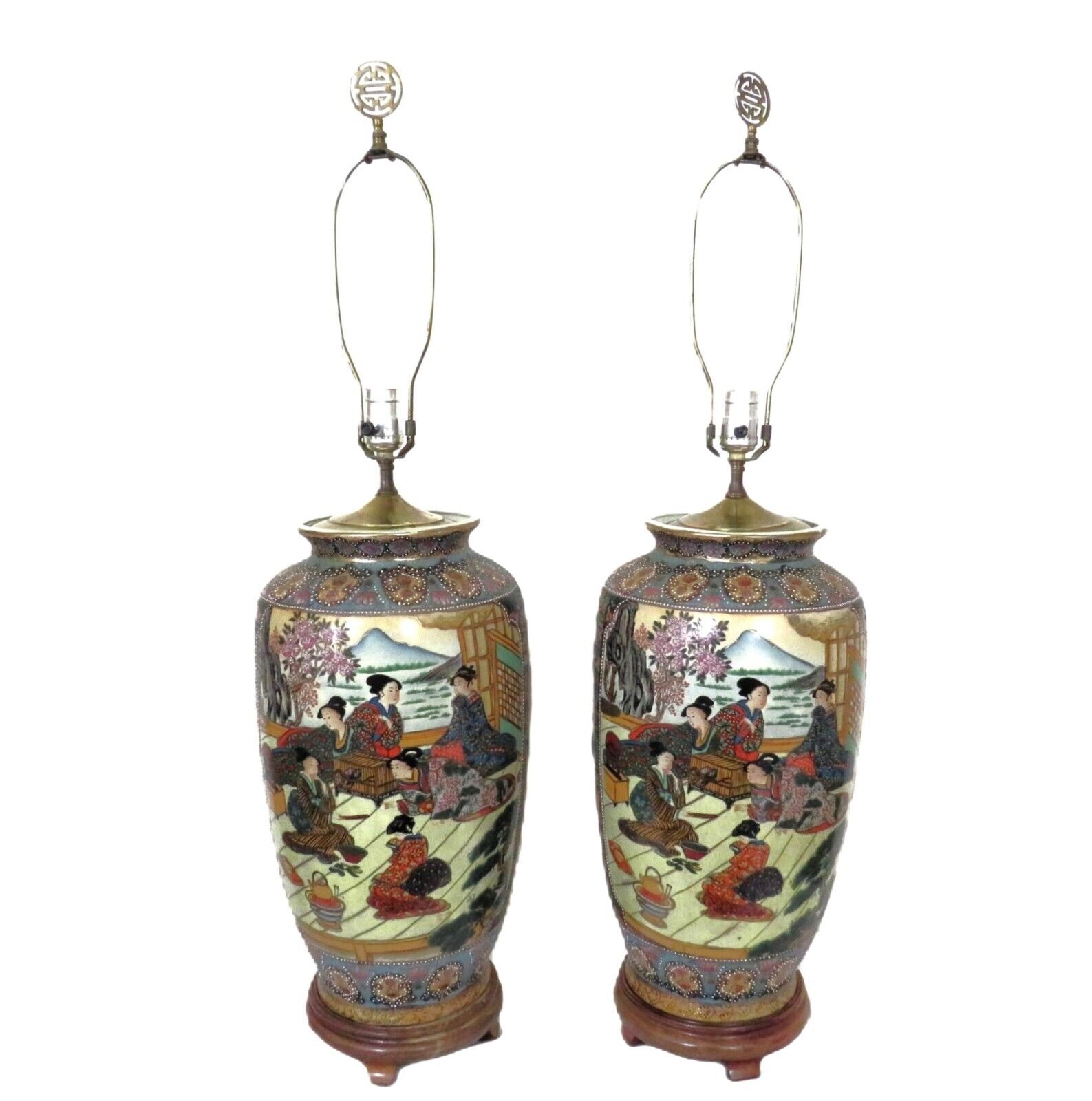 Pair of LARGE Japanese Satsuma Table Lamps Vase Form Asian Oriental