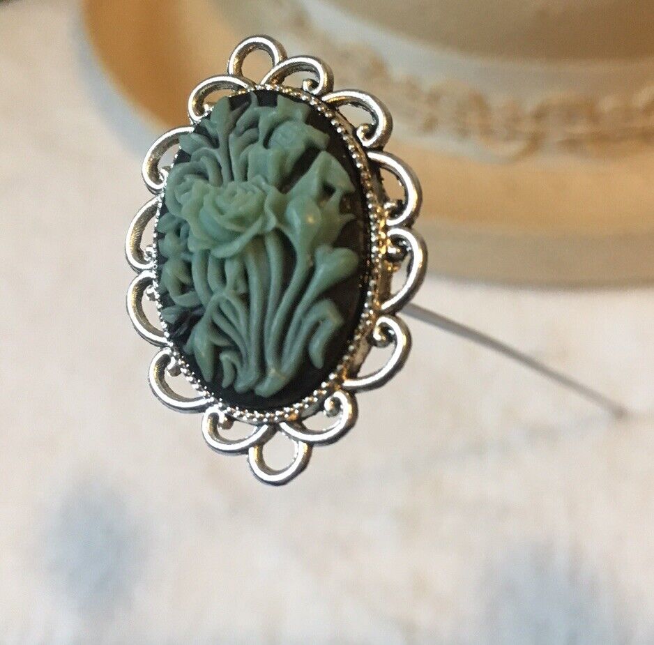 HATPIN with Detailed Green FLOWERS on Black CAMEO Set in Vintage Silver Finish