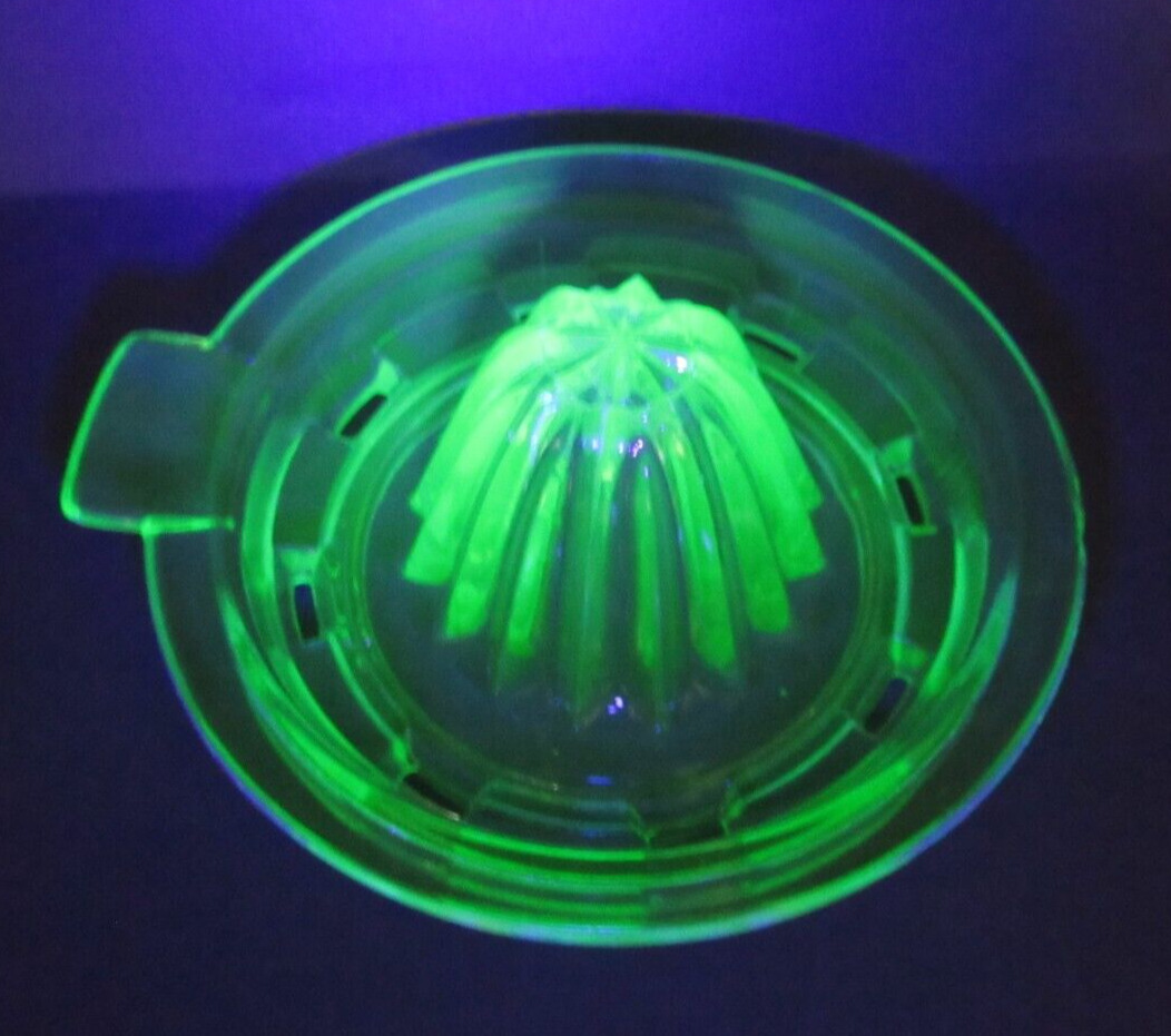 Vintage Green Glass Juicer Uranium Glow Depression Era 5.25\