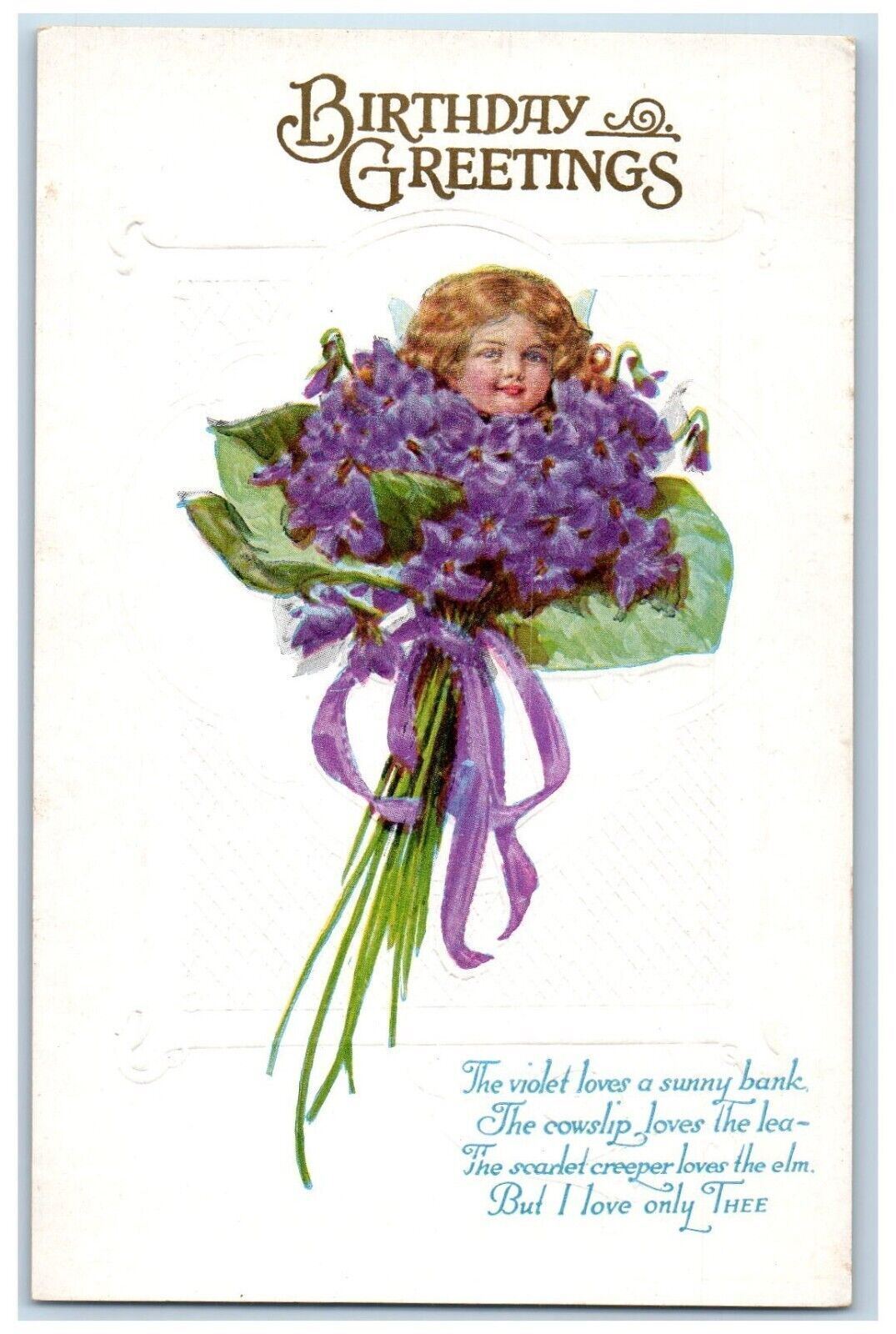 c1910\'s Birthday Greetings Girl Head In Pansies Flowers Embossed Postcard