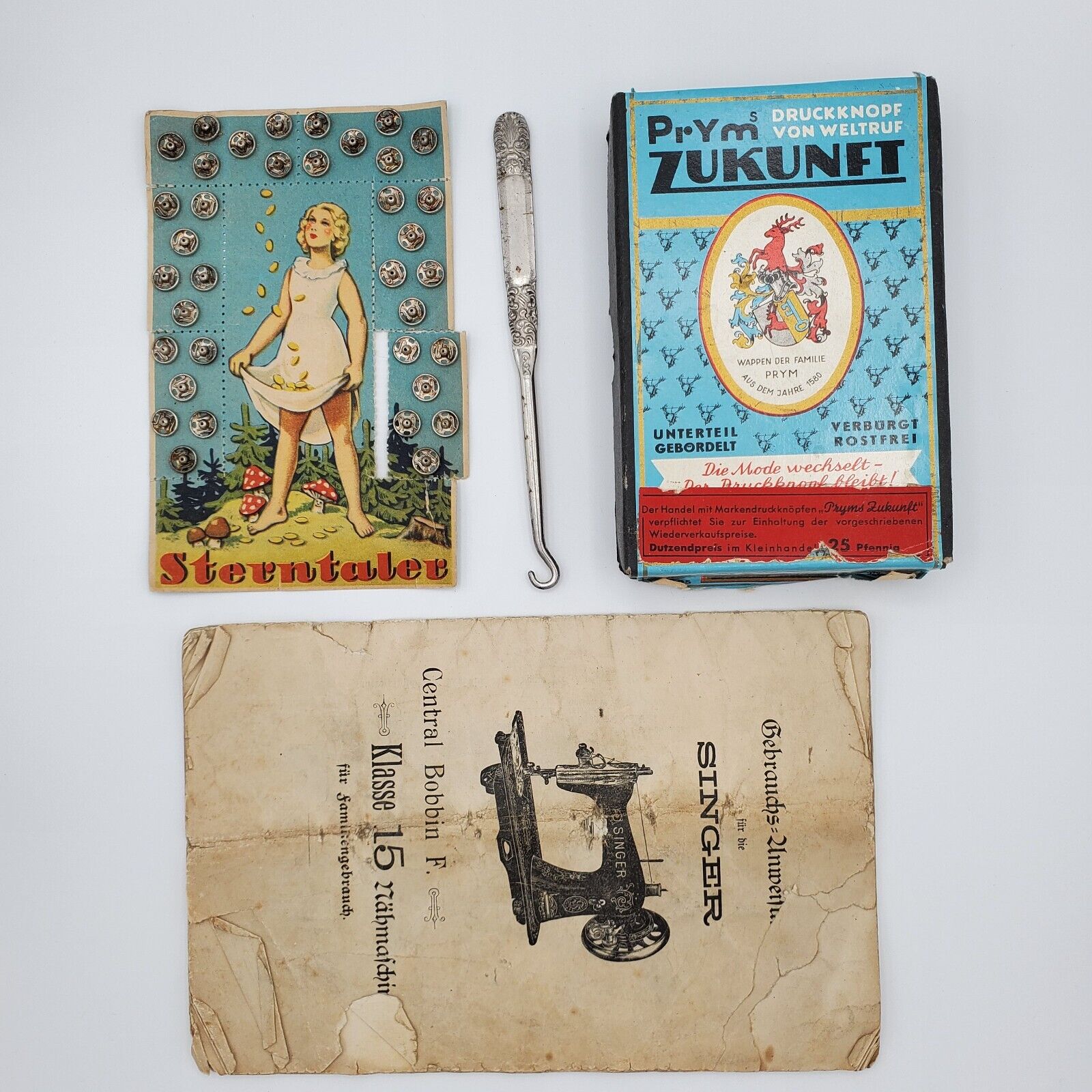 Antique Vintage sewing Lot Prym Buttons Singer print box German Sterntaler set