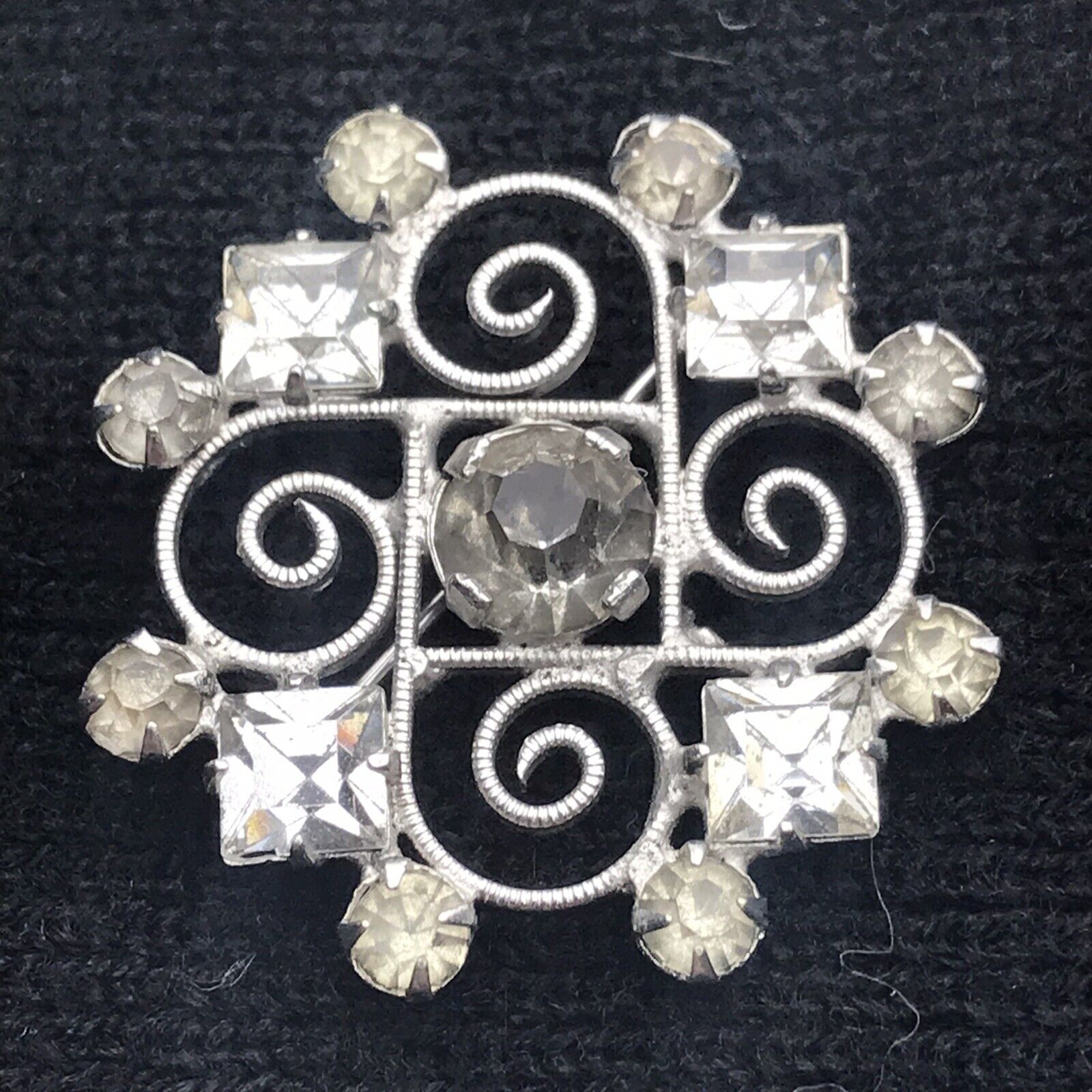 Vintage Silver Tone Scroll Work Shiny Stones or Glass Bling Brooch Pin