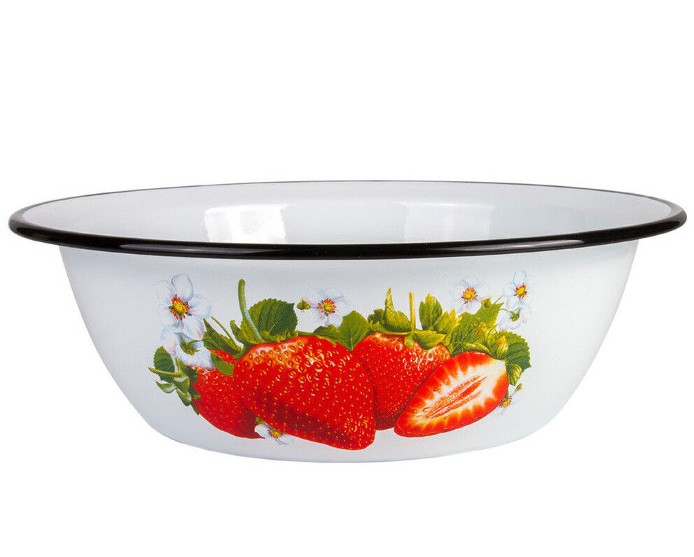 3.7 QT White Enameled Mixing Bowl with Strawberry Decal, made in Russia