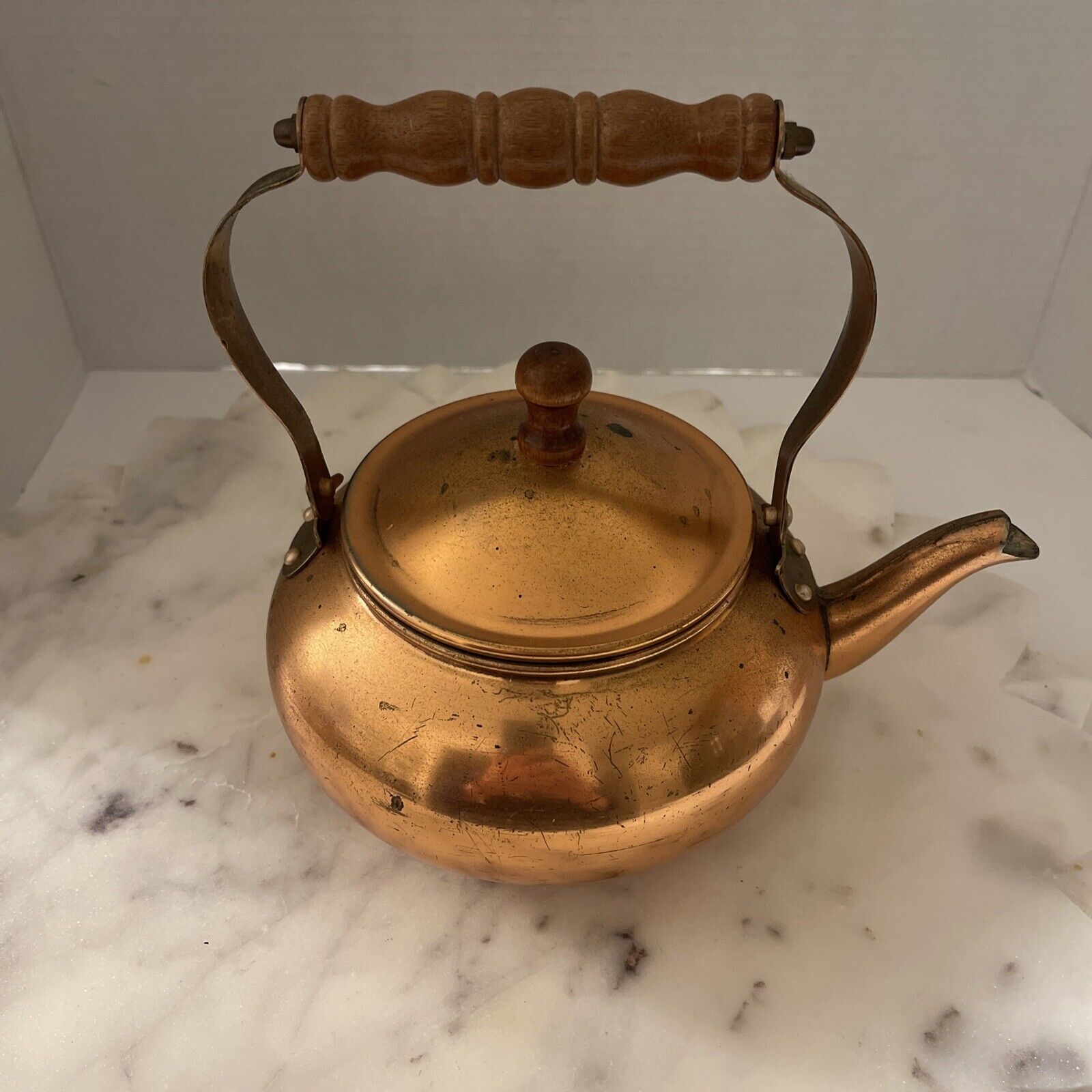 Vtg Copper-Plated Tea Kettle Pot, Pivoting Metal & Wood Handle, Lid w Wood Knob