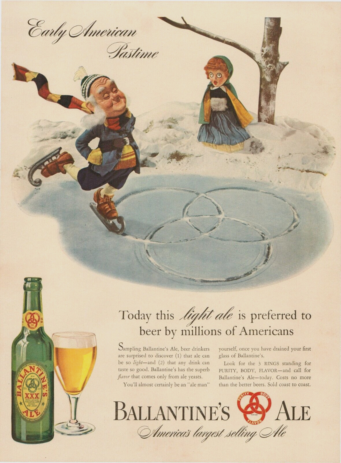 1941 Ballantine's Ale Beer Light Bottle Ale Glass Ice Skating Vintage Print Ad