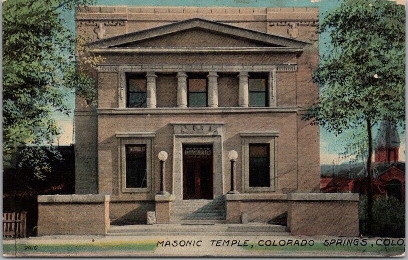 c1910s COLORADO SPRINGS Postcard MASONIC TEMPLE Lodge / Street View - Unused