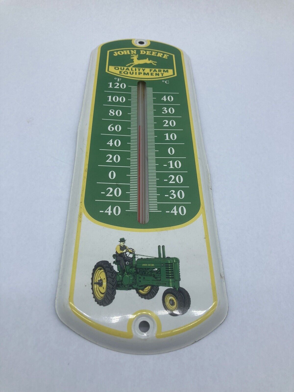 JOHN DEERE VINTAGE WALL THERMOMETER WITH ANTIQUE TRACTOR GREEN WHITE METAL 12x4