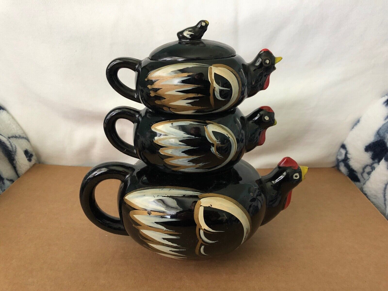 Vintage CHICKEN Stackable Teapot Creamer & Sugar Bowl w/ Lid PAINTED 