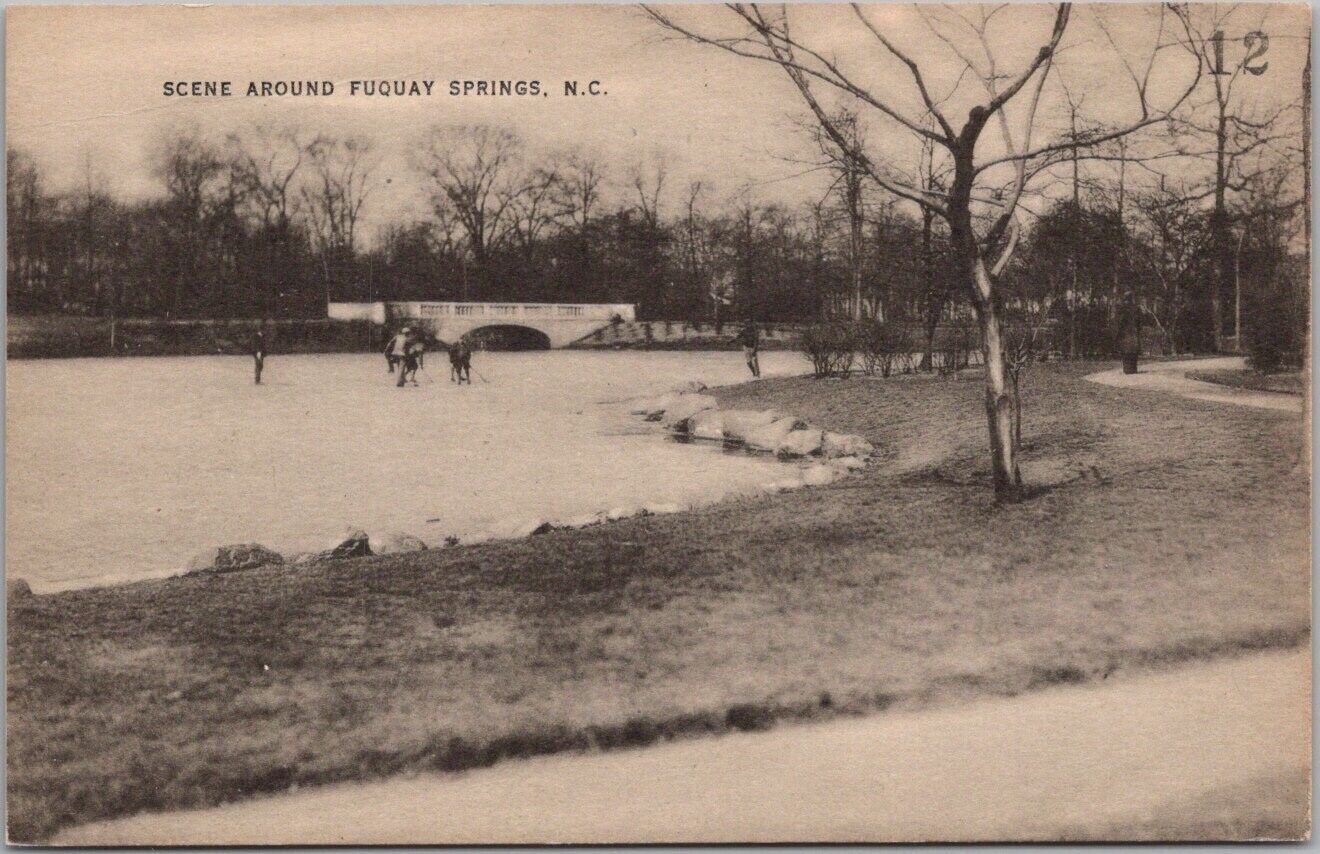 c1940s FUQUAY SPRINGS, North Carolina Postcard Frozen Pond / Ice Hockey Scene