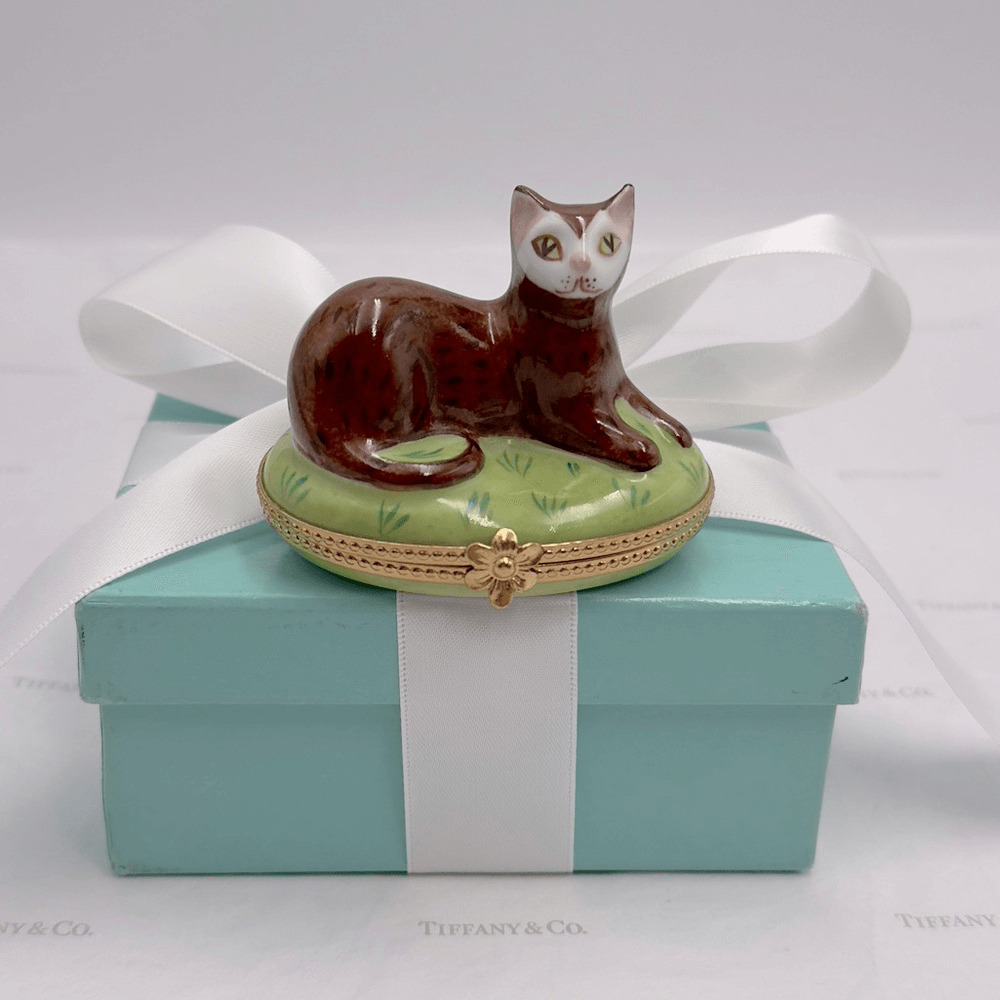 Tiffany & Co.  Hand Painted Trinket Box Made In France Cat Enamel Rare W/ Pouch