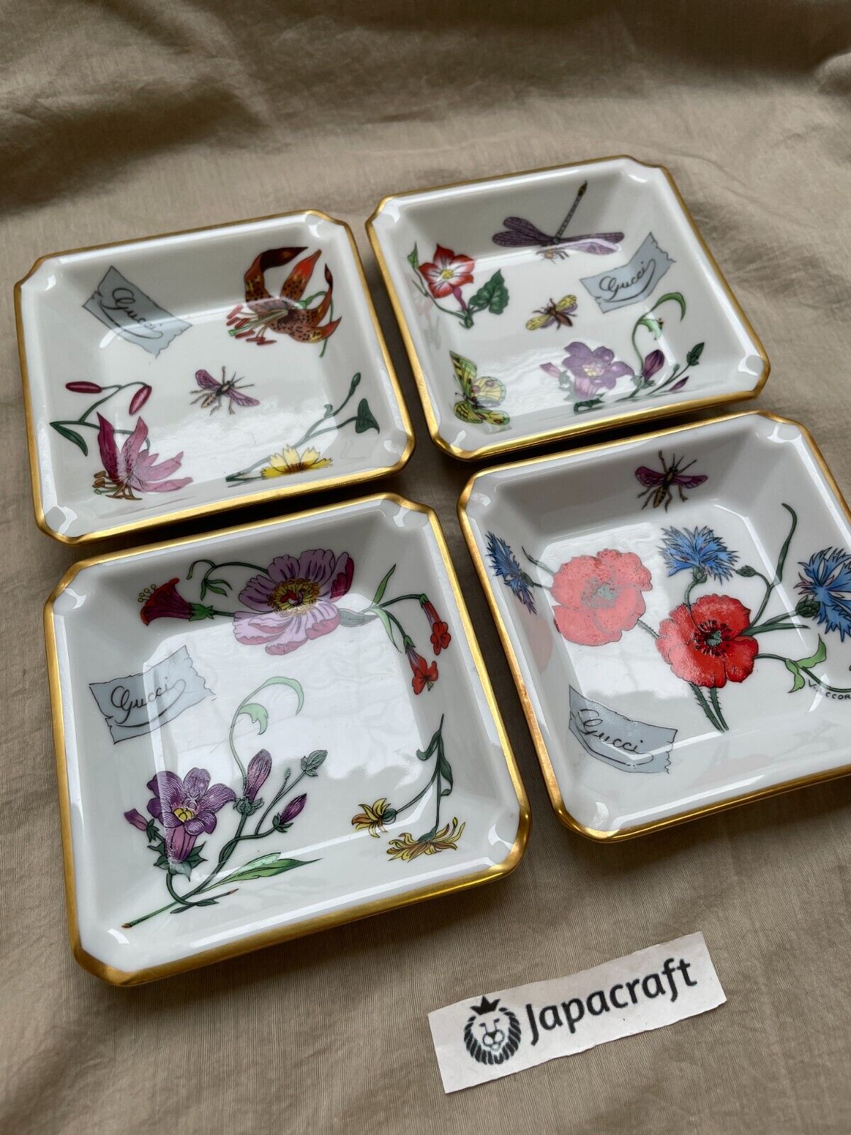 Vintage Gucci Bernardaud Limoges Ashtray set of 4 Floral Insects Gold Trim