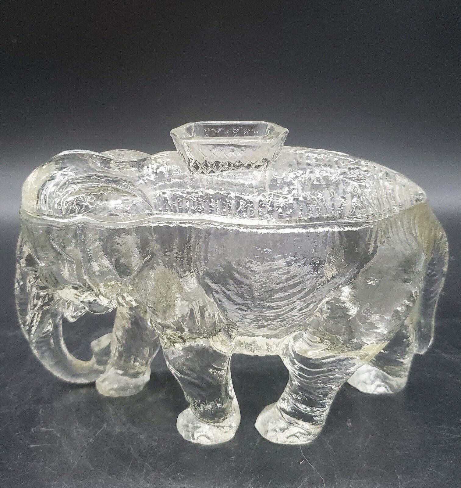 Antique EAPG Standing Elephant Clear Glass Match Holder Trinket Dish W Lid 6\