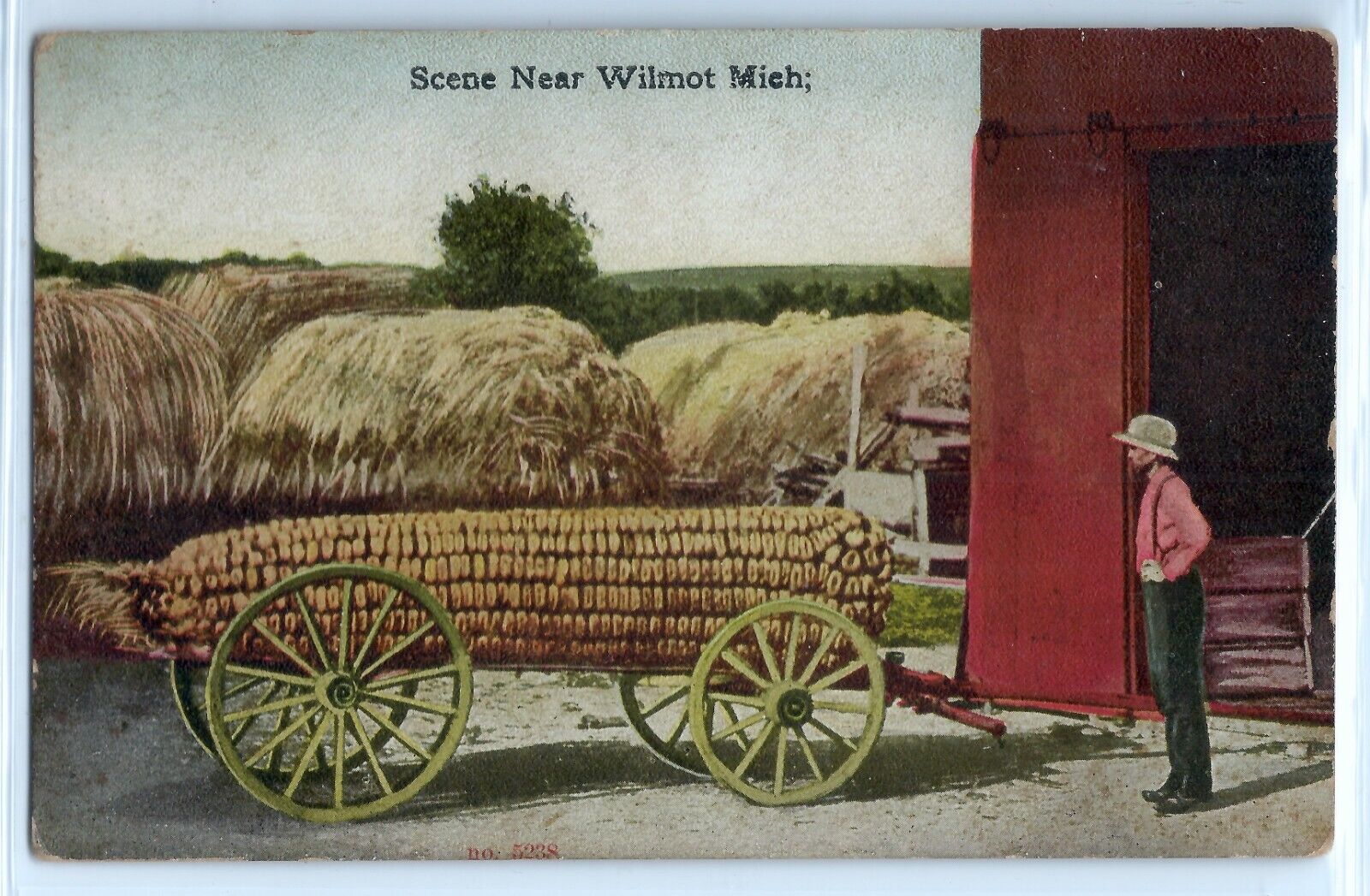 Oversized corn on wagon, Wilmont, Michigan, postcard c. 1905  