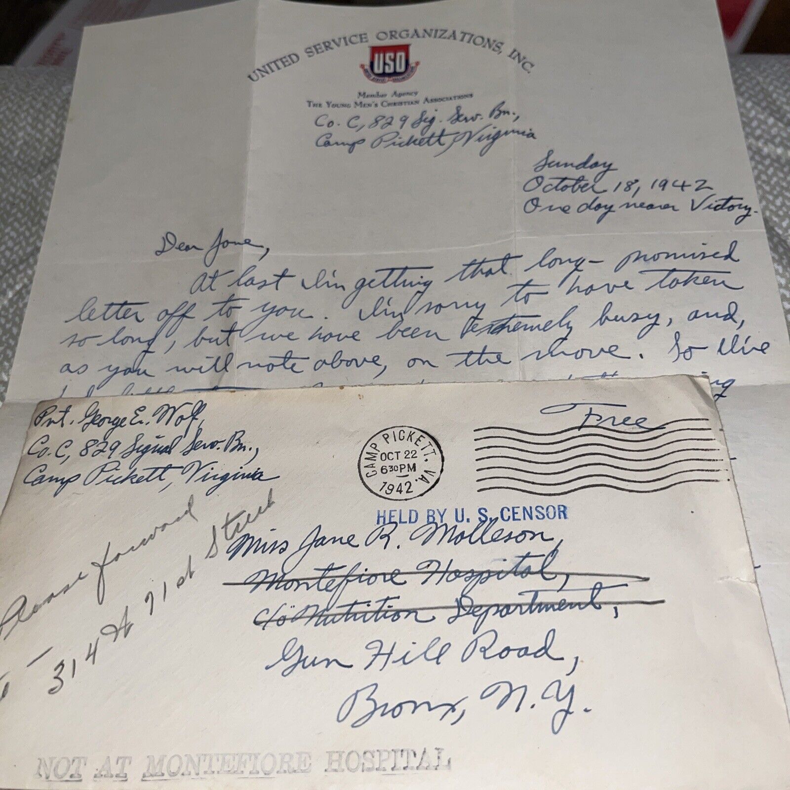 WWII USO Letterhead 829 Signal Service Camp Pickett Letter Held By U.S. Censor
