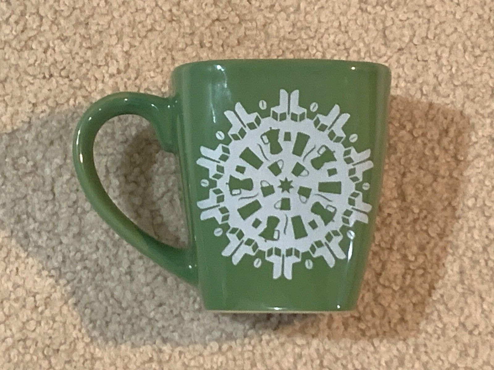 Starbucks 2004 Coffee Mug Cup Square Green White Snowflake Christmas 12 oz.