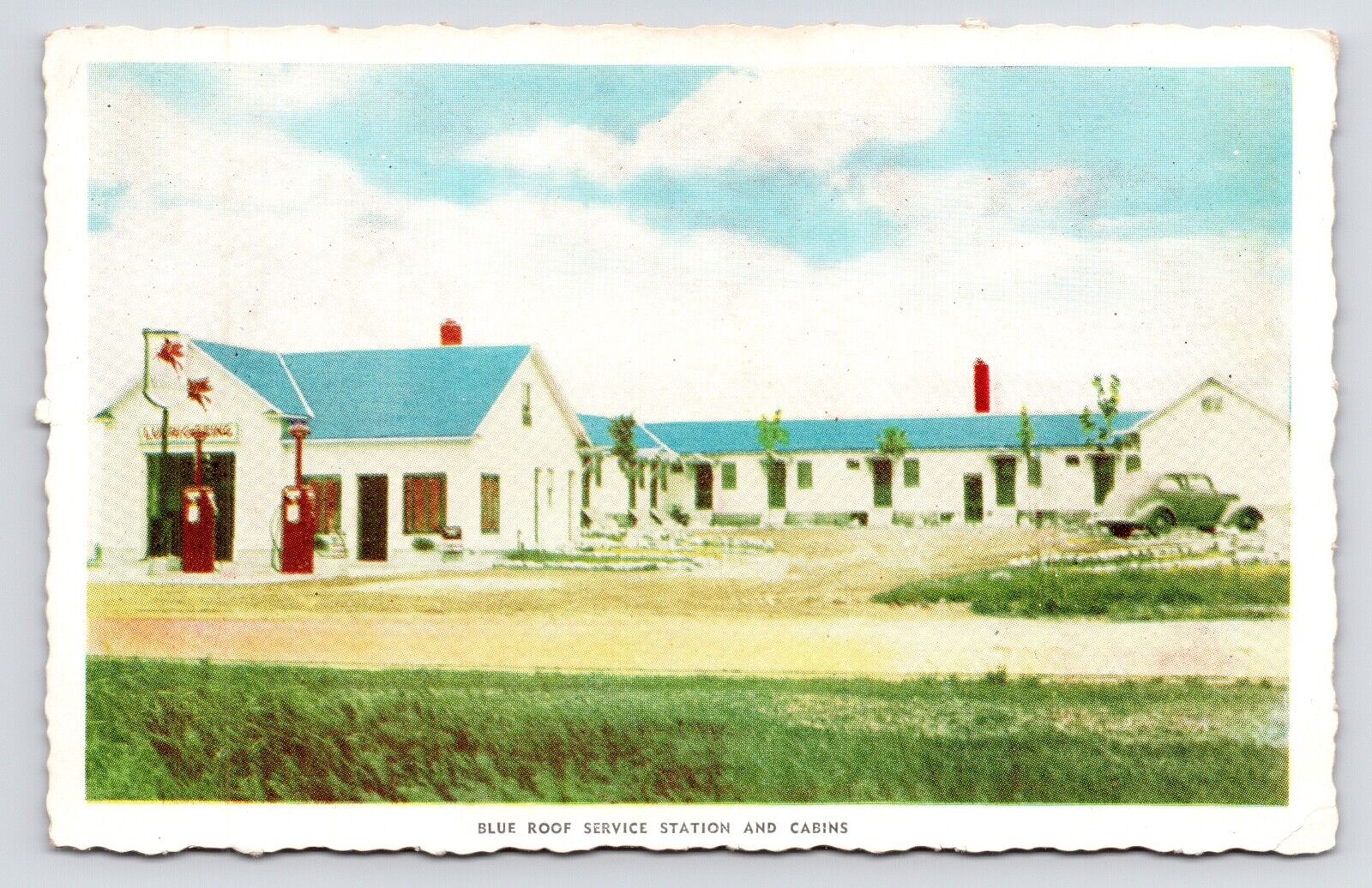 c1940s~Escanaba Michigan MI~Blue Roof Service Station~Cabins~Mobil Gas~Postcard