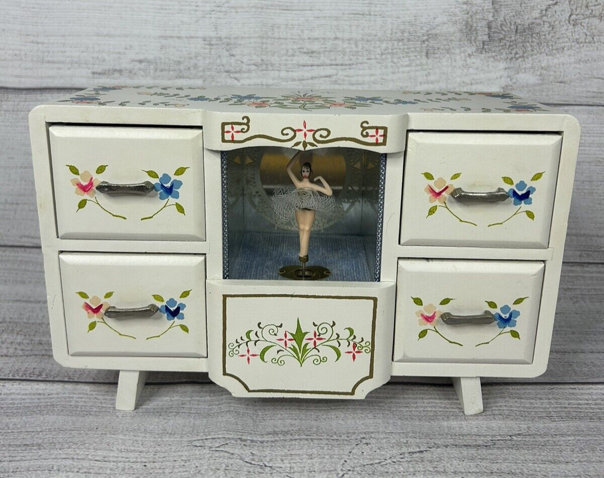 Vintage Price Imports Hand Painted Wood Musical Jewelry Box with Ballerina Japan