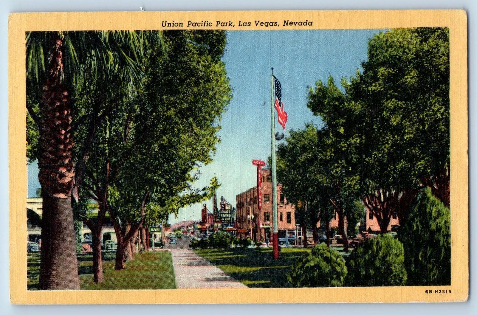 c1940 Union Pacific Park Pathway US Flag Establishment Las Vegas Nevada Postcard