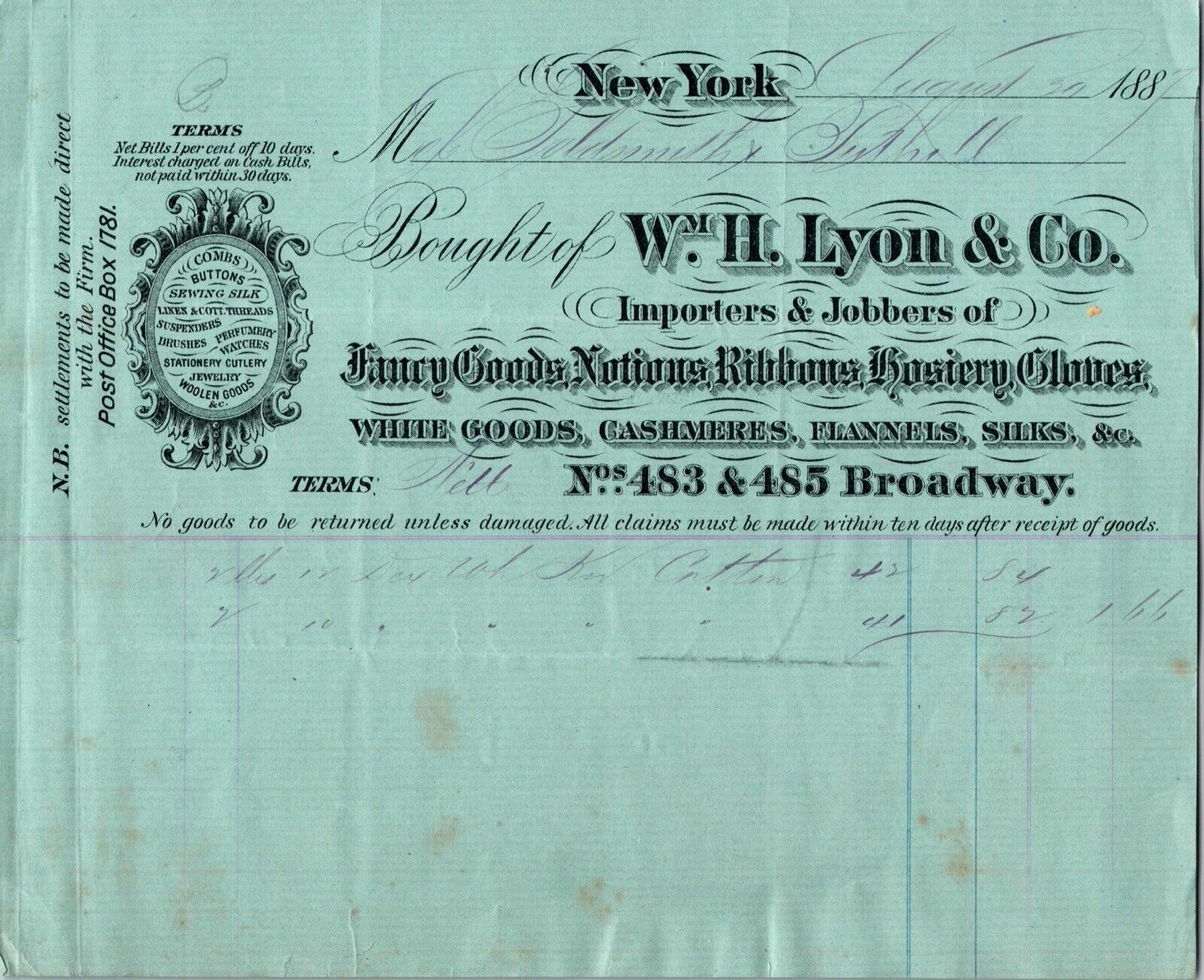 c1887 William H Lyon Fancy Goods 483 485 Broadway St New York NY Billhead Paper