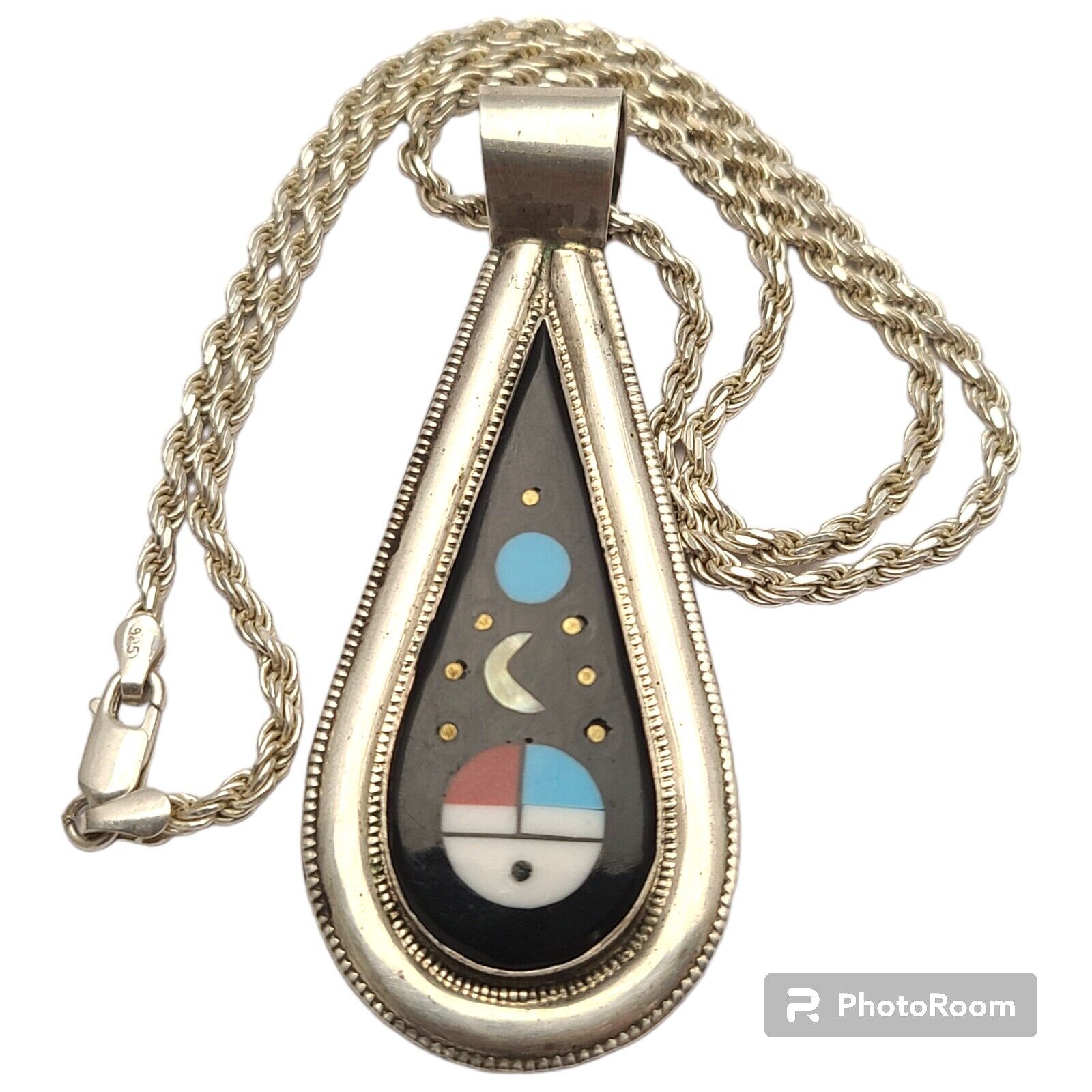 Sterling Silver Willie Shaw Zuni Inlay Stone Sun Face Moon Planets Necklace 