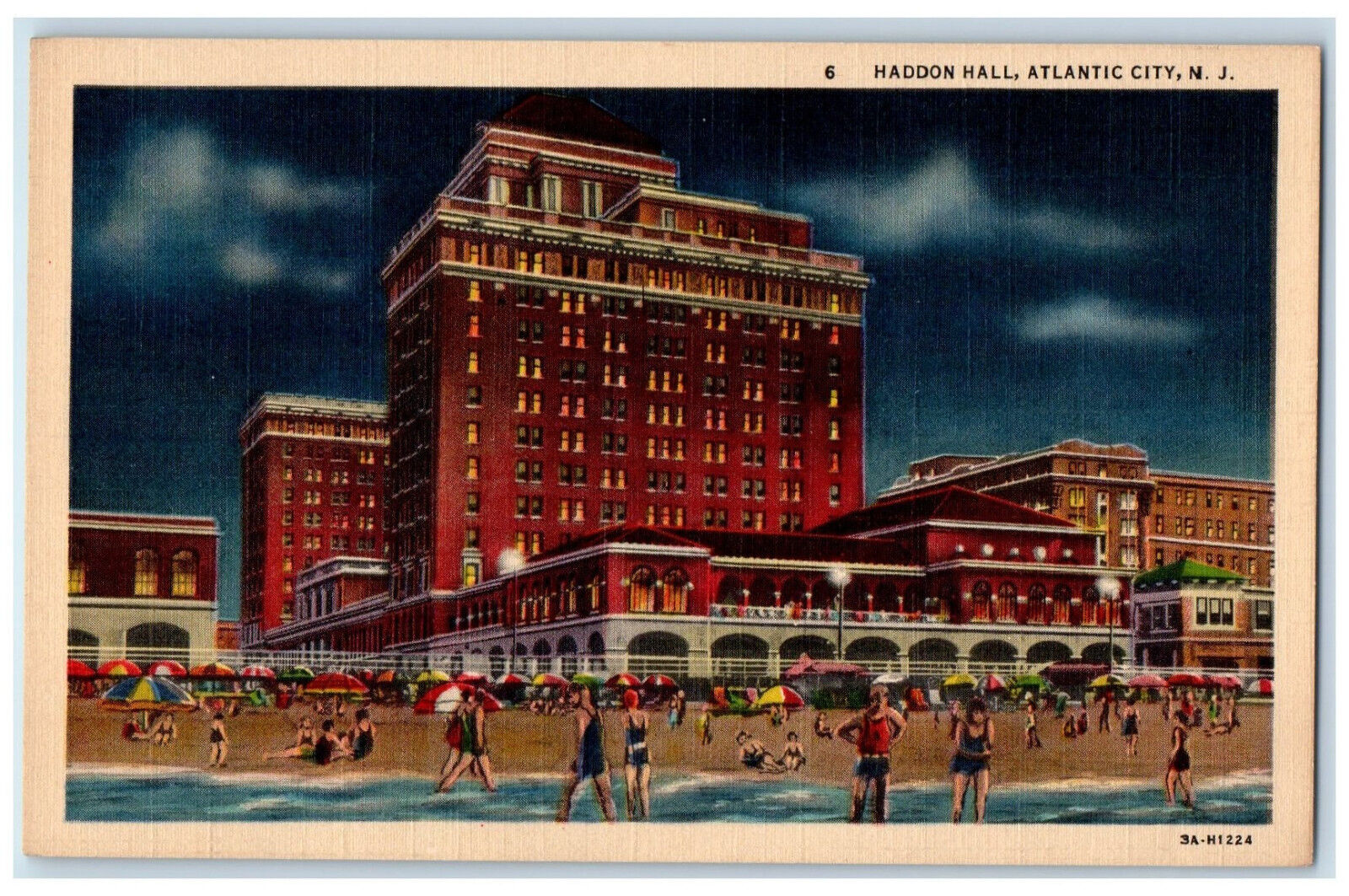 c1940's Beach Scene at Night Haddon Hall Atlantic City New Jersey NJ Postcard