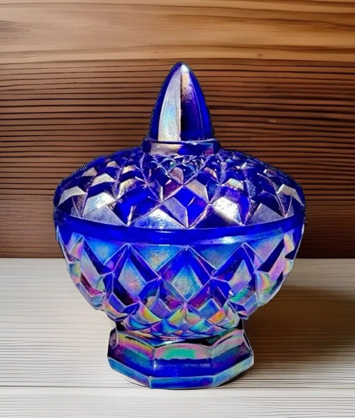 Boyd Cobalt Blue Iridescent Glass Vintage Diamond Cut Vanity Trinket Box, Rare