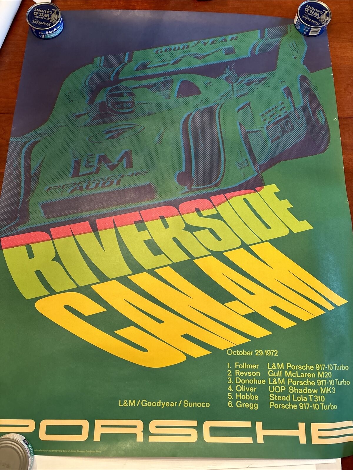 Original Vintage Porsche Car Race Poster 1972 Riverside Can-Am George Follmer